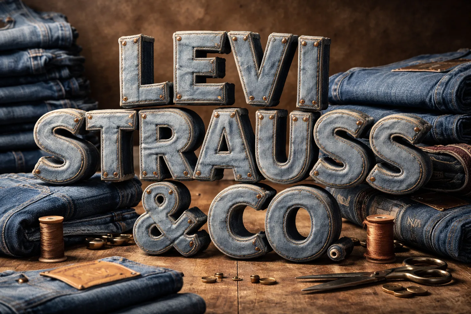 Levi Strauss & Co. name formed from denim-textured letters surrounded by jeans and tailoring tools